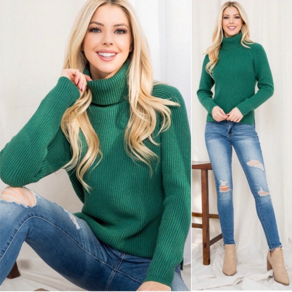Women’s beautiful cute hunter green raglan sleeve ribbed turtle neck sweater